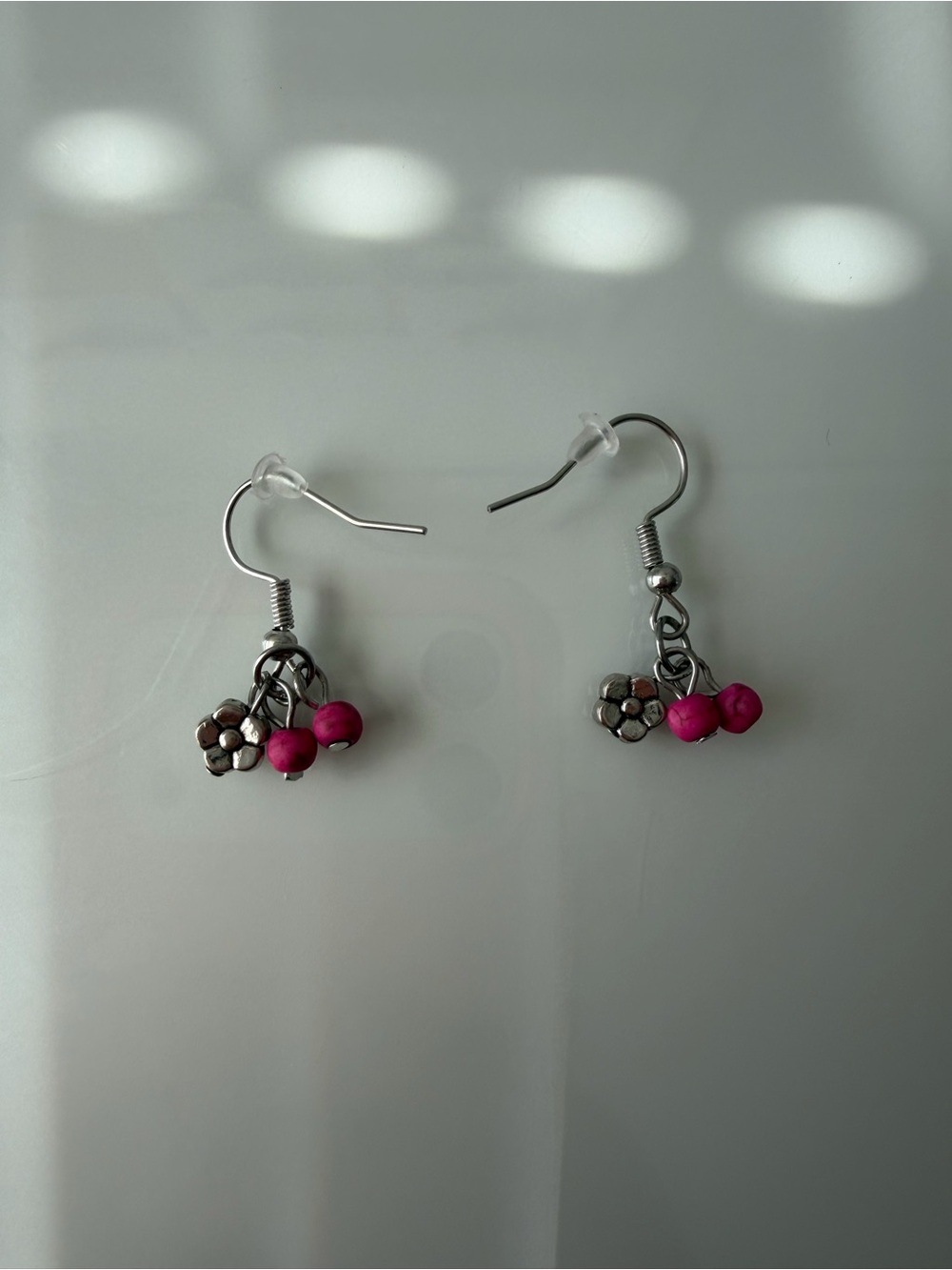 Silver Floral Charm Earrings with Pink Beads - Unbranded